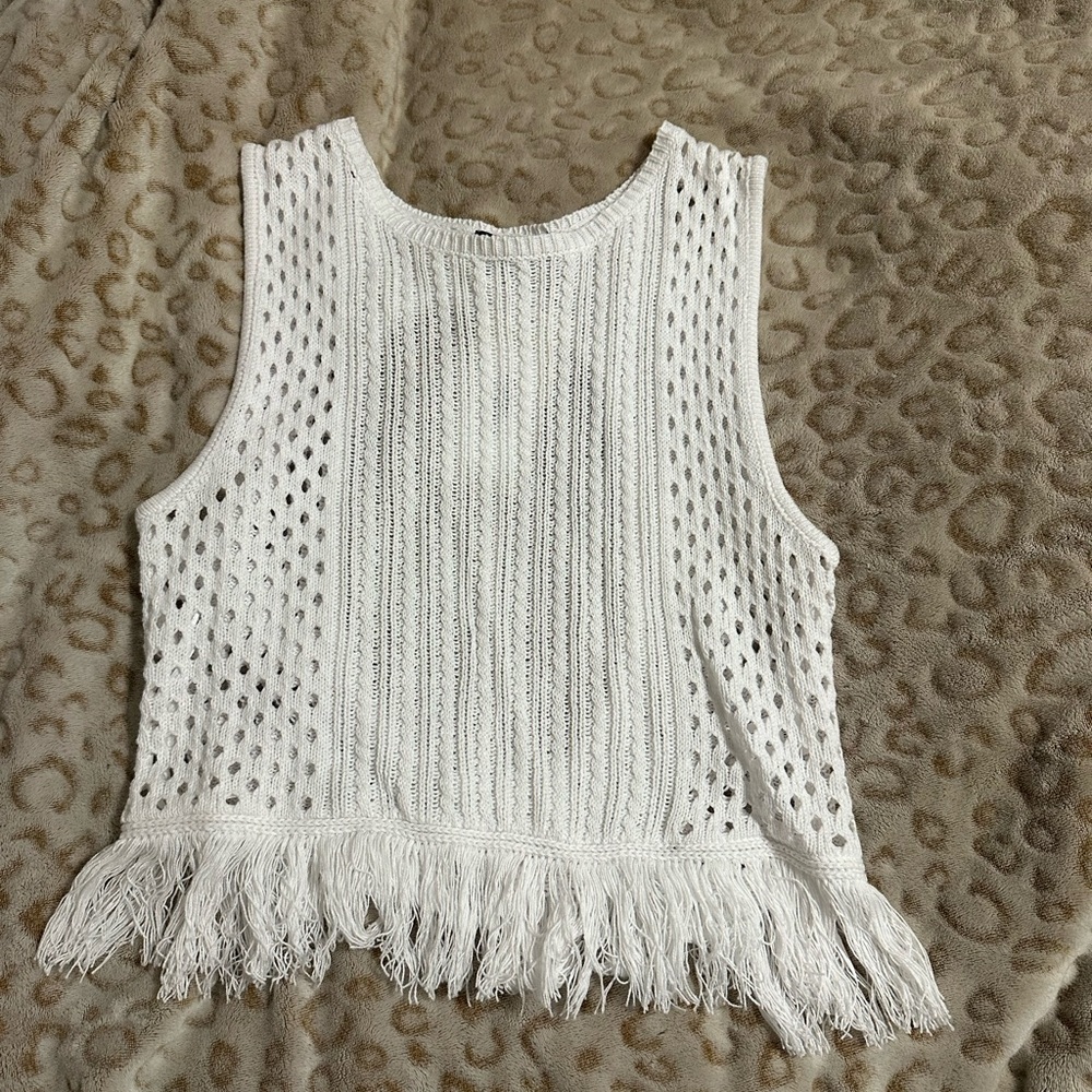 Blue Blush White Fringe Tank Top